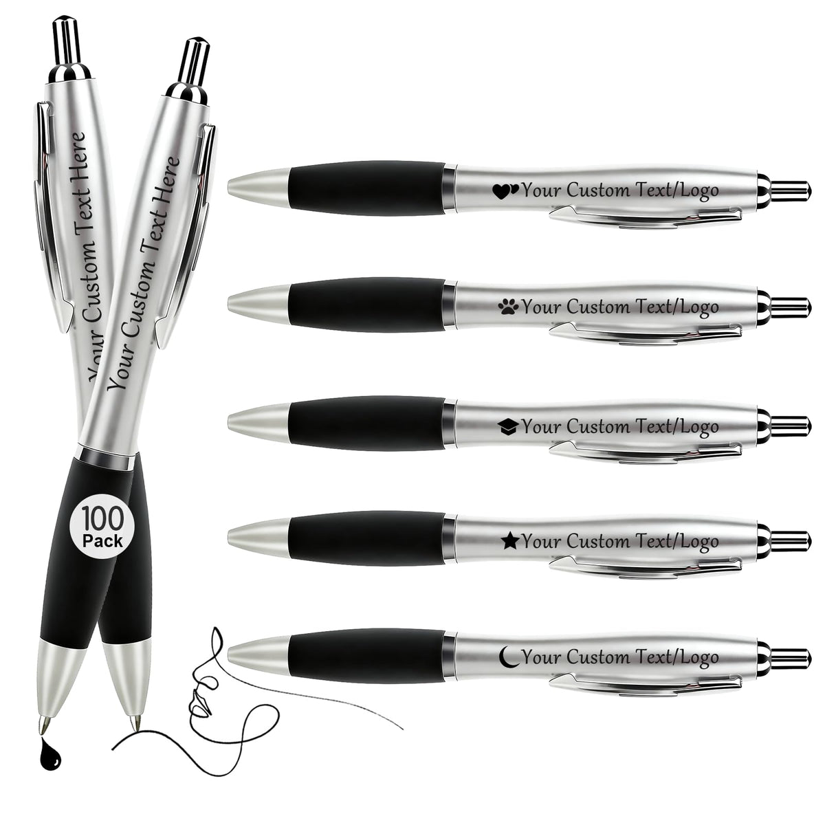 Personalized Pens with Custom Logo or Text - 100 Pack Bulk Click Pens