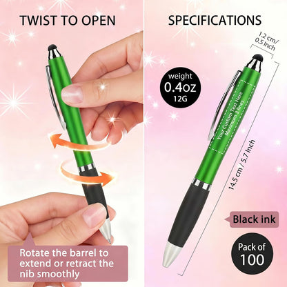 100 PC Custom Personalized Pens with Stylus, Black Ink Click Ballpoint Pens