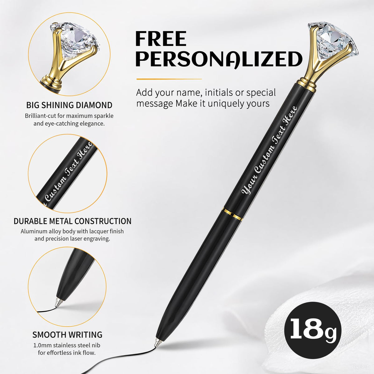 HISHER Custom Diamond Pens, 20 Pack, Bridal Shower Wedding Favor, Black Ink