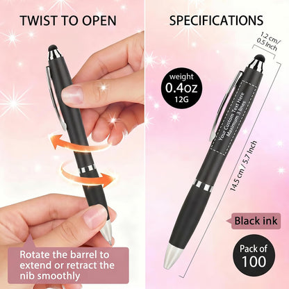 100 PC Custom Personalized Pens with Stylus, Black Ink Click Ballpoint Pens