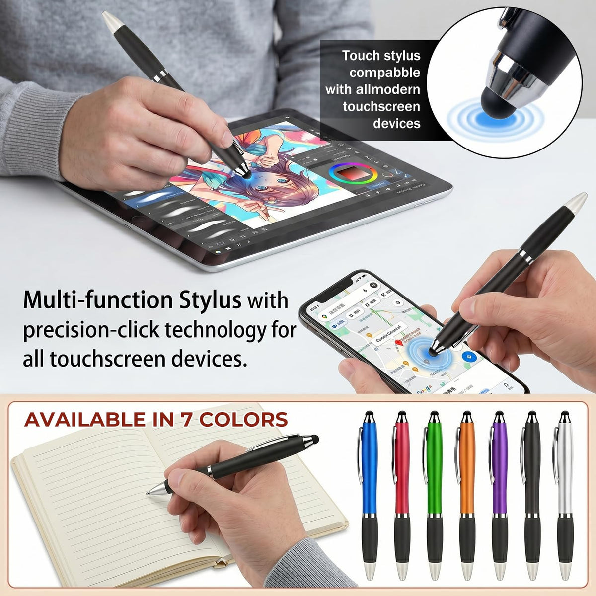 100 PC Custom Personalized Pens with Stylus, Black Ink Click Ballpoint Pens