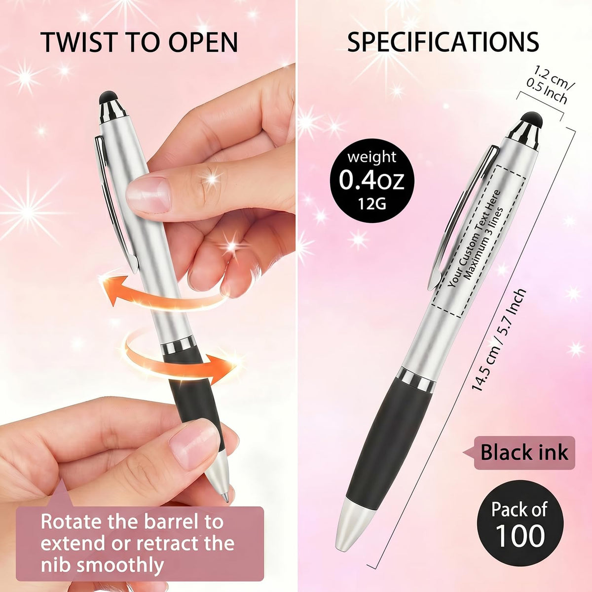 100 PC Custom Personalized Pens with Stylus, Black Ink Click Ballpoint Pens
