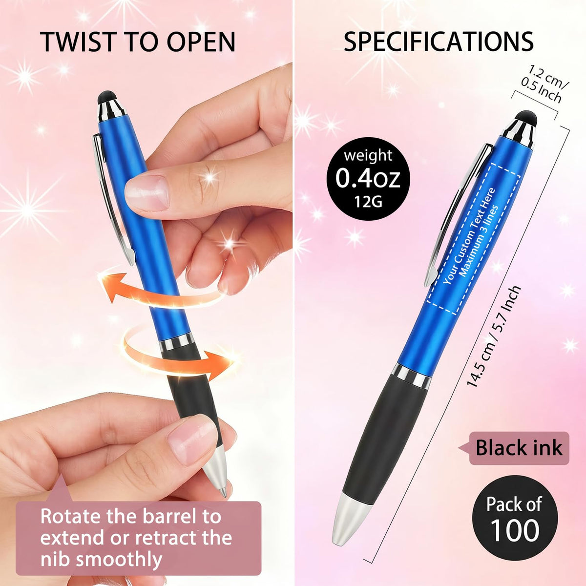 100 PC Custom Personalized Pens with Stylus, Black Ink Click Ballpoint Pens