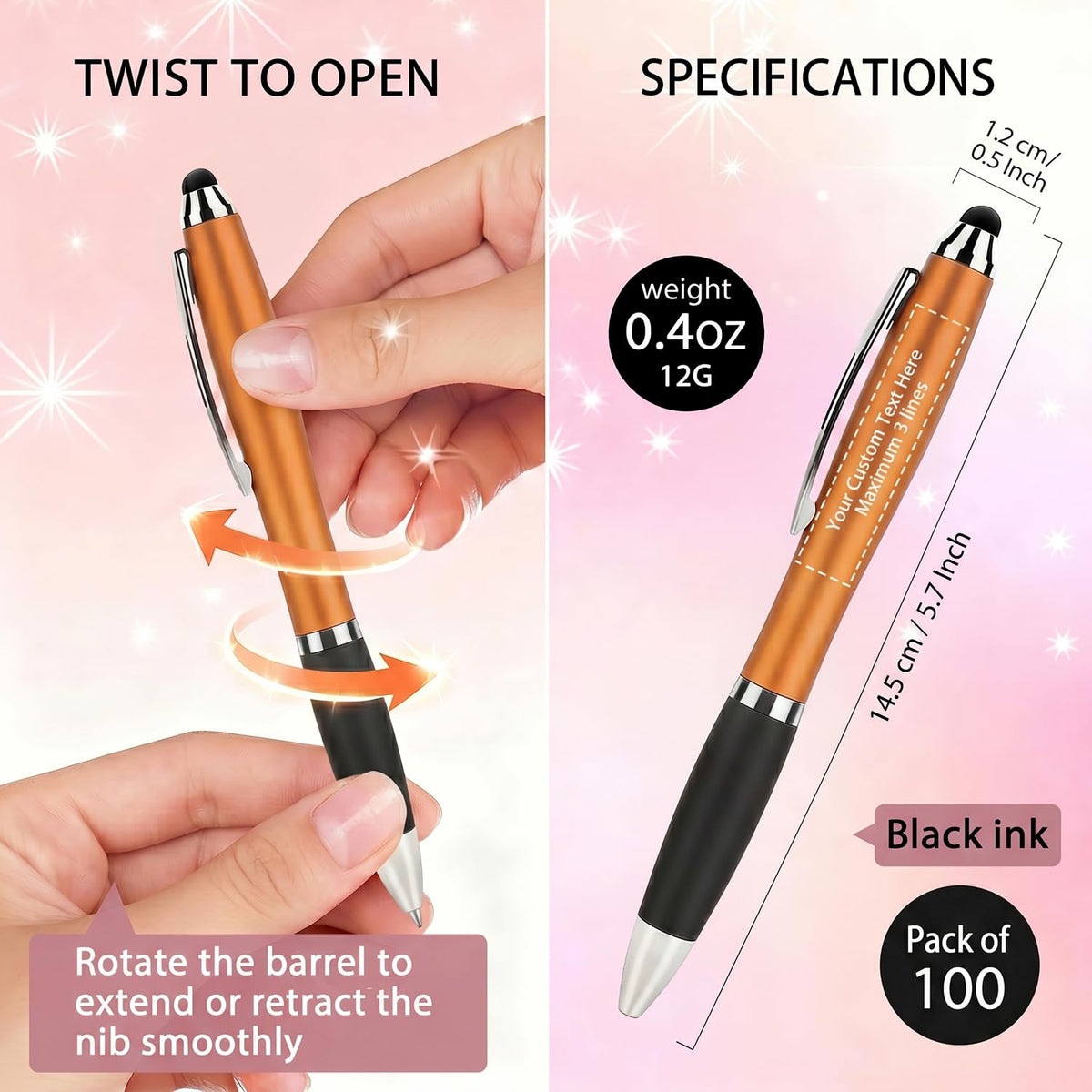 100 PC Custom Personalized Pens with Stylus, Black Ink Click Ballpoint Pens