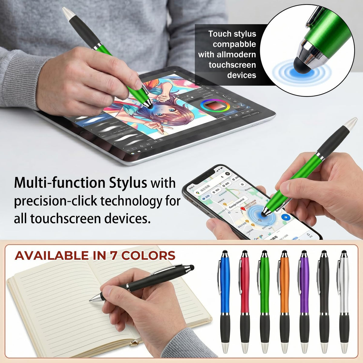 100 PC Custom Personalized Pens with Stylus, Black Ink Click Ballpoint Pens