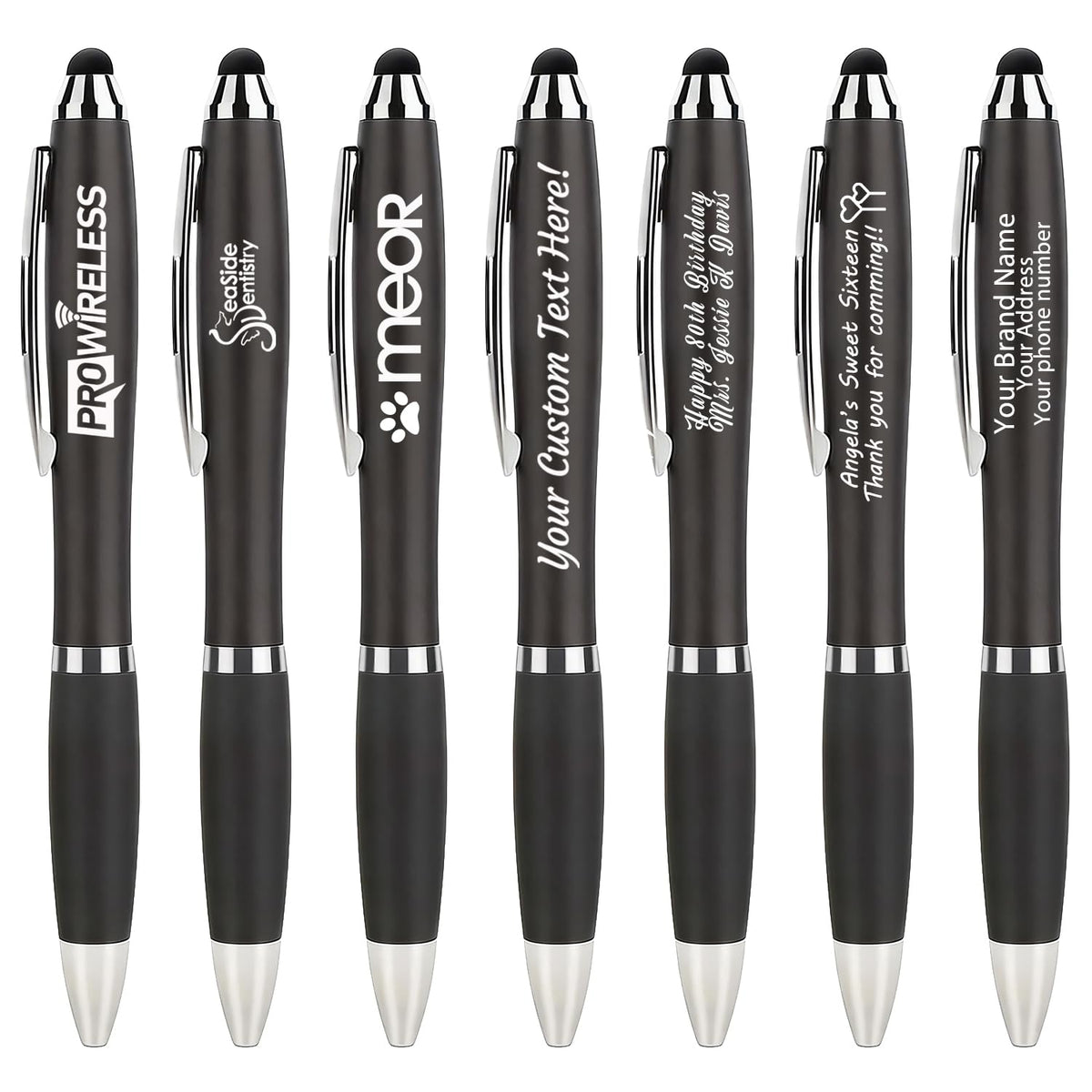 100 PC Custom Personalized Pens with Stylus, Black Ink Click Ballpoint Pens