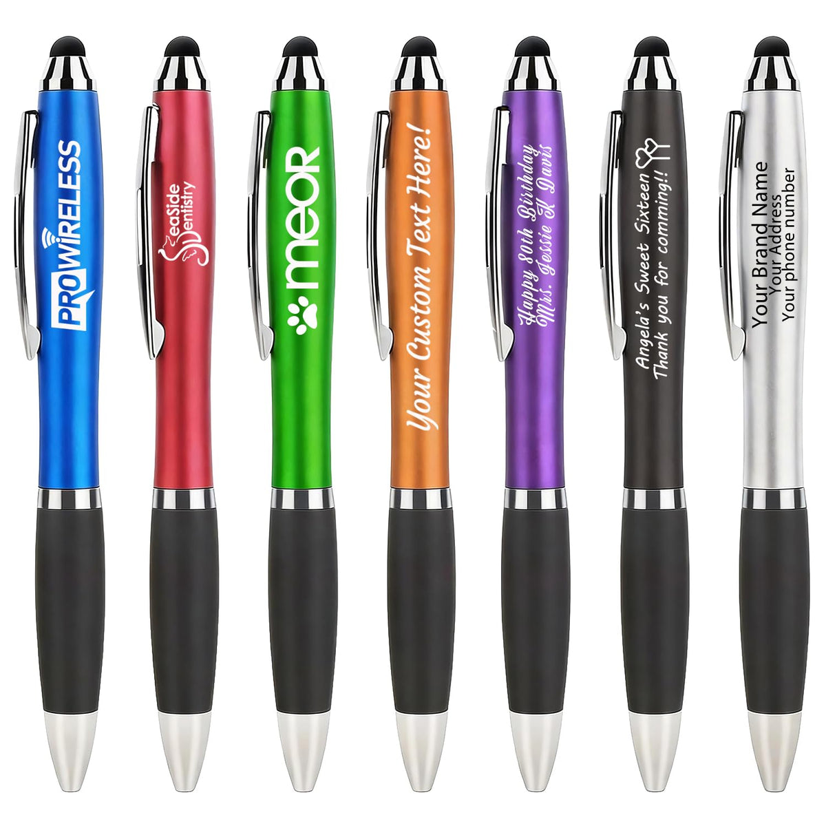 100 PC Custom Personalized Pens with Stylus, Black Ink Click Ballpoint Pens