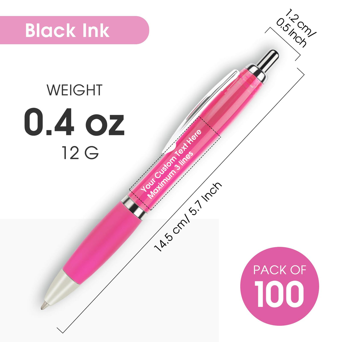 Personalized Ballpoint Pens with Custom Text - 100 Pack Bulk Promotional Items with Your Logo for Business, Events & Trade Shows - Smooth Black Ink, Retractable Office Gift